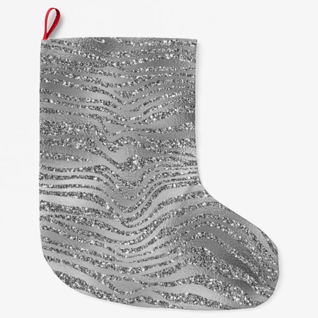 Silver Glitz Zebra Print Large Christmas Stocking (Front)