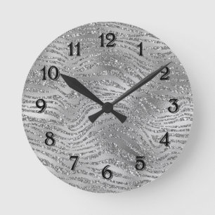 Silver Glitz Zebra Print Round Clock