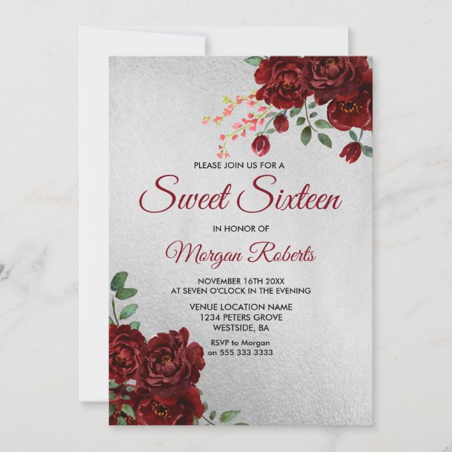 Silver Go Burgundy Red Rose Floral Sweet 16 Invite (Front)