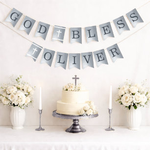 Silver God Bless 6 Letters Name Baptism Communion  Bunting Flags
