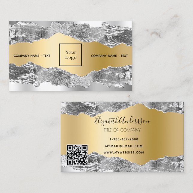 Silver gold agate marble logo QR code Business Card (Front/Back)