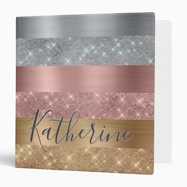 Silver Gold and Rose Gold Colour Glitter Stripes Binder (Front/Inside)