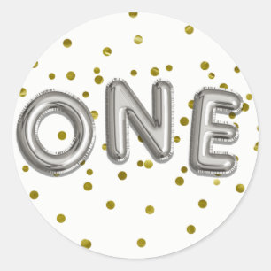 Silver Gold Balloons ONE 1st Birthday Party Favour Classic Round Sticker