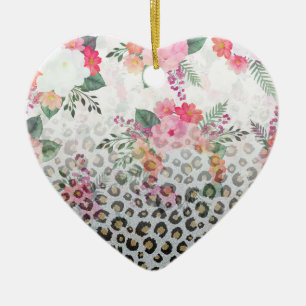 Silver Gold Black Leopard Print Pink Flowers Ceramic Ornament