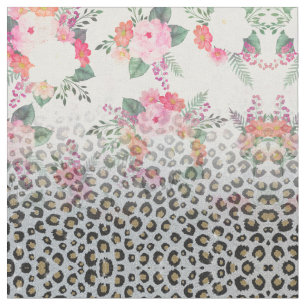 Silver Gold Black Leopard Print Pink Flowers Fabric