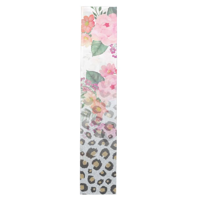 Silver Gold Black Leopard Print Pink Flowers Medium Table Runner (Front)
