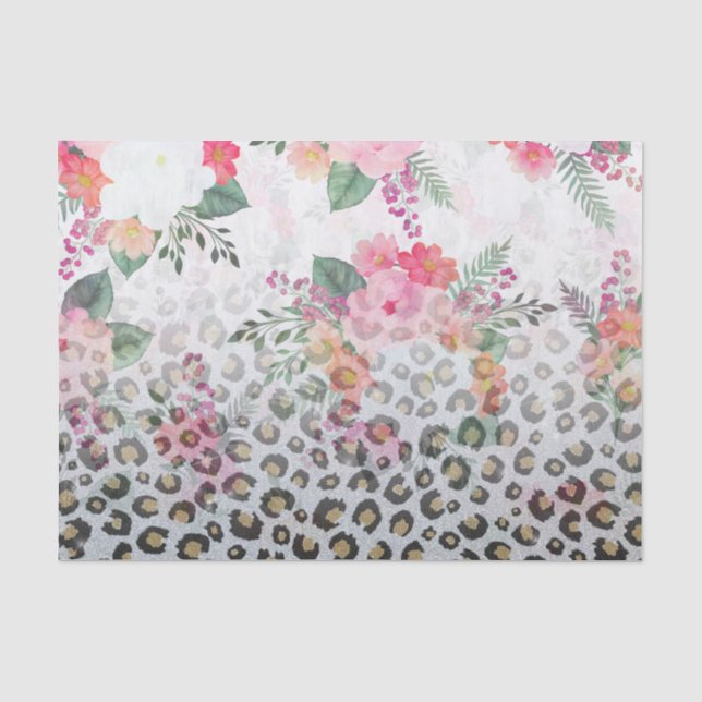 Silver Gold Black Leopard Print Pink Flowers Tissue Paper (Front)