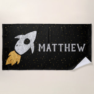 Silver Gold Black Rocket Ship Personalized Beach Towel