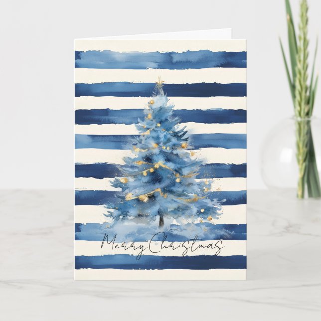 Silver Gold Blue Stripes Christmas Tree   Card (Front)