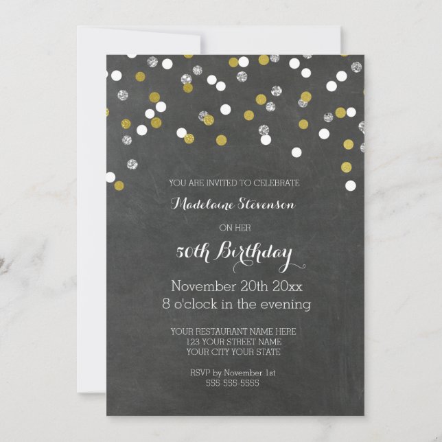 Silver Gold Chalkboard Confetti 50th Birthday Invitation (Back)