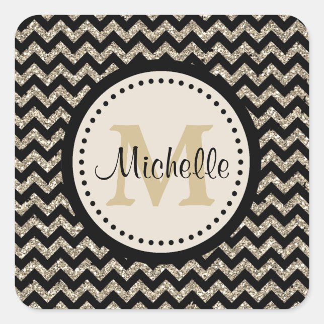 Silver Gold Chevron Faux Glitter Monogram Square Sticker (Front)