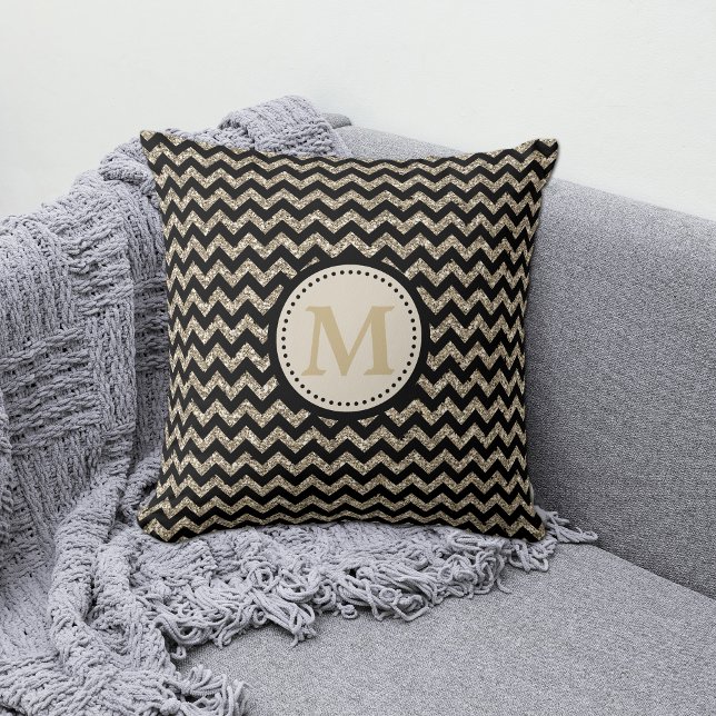 Silver Gold Chevron Glitter Monogram Throw Pillow (Creator Uploaded)