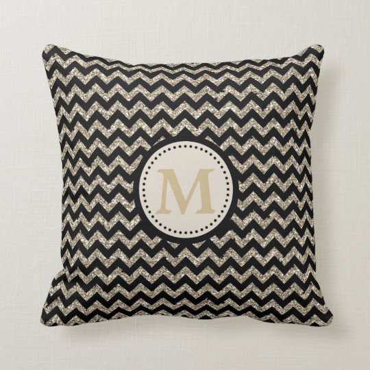 Silver Gold Chevron Glitter Monogram Throw Pillow