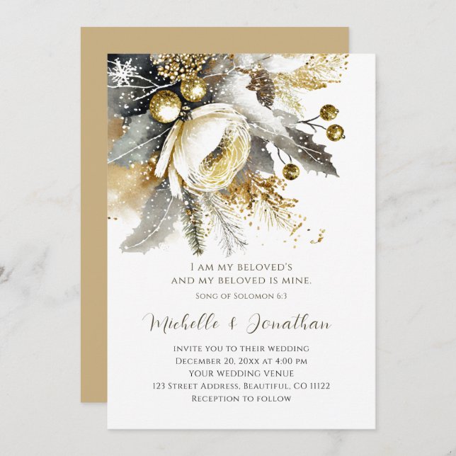 Silver Gold Christmas Winter Bible Verse Wedding Invitation (Front/Back)