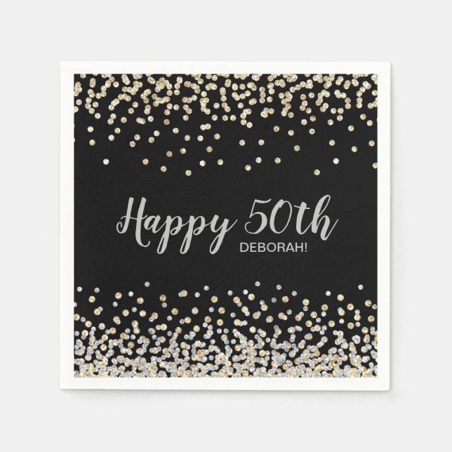 Silver Gold Confetti 50th Birthday Party Napkin (Front)