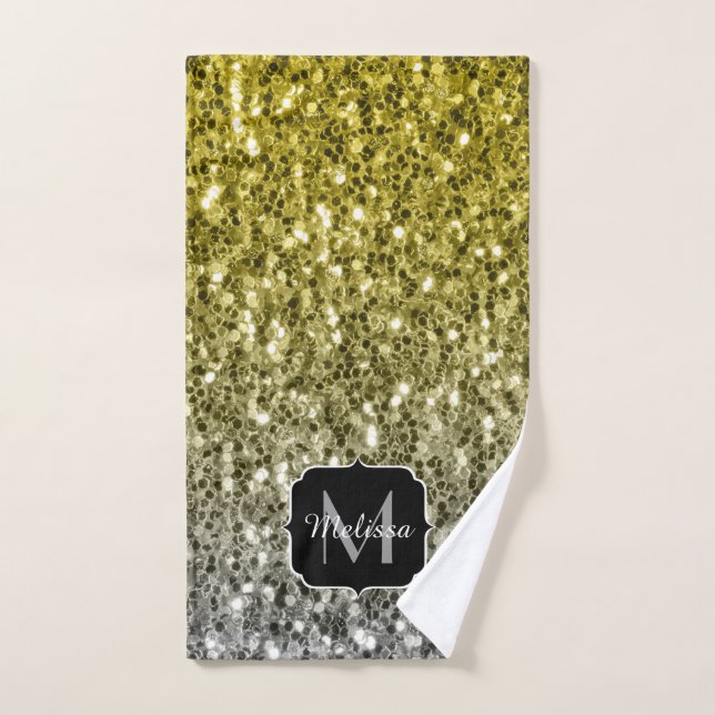 Silver gold dark sparkles glitter ombre Monogram Bath Towel Set (Hand Towel)
