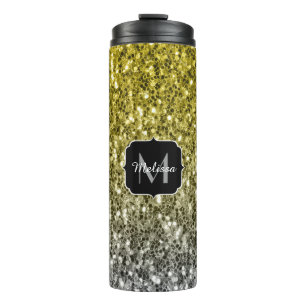 Silver gold dark sparkles glitter ombre Monogram Thermal Tumbler