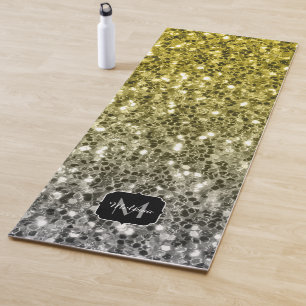 Silver gold dark sparkles glitter ombre Monogram Yoga Mat