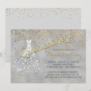 Silver Gold Diamond Dress Quinceanera Invitation