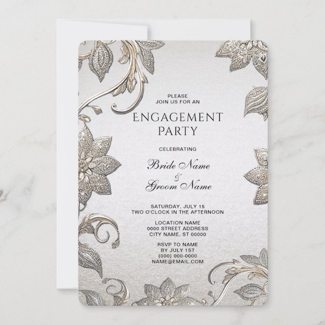 Silver Gold Floral Engagement Invitation (Front)