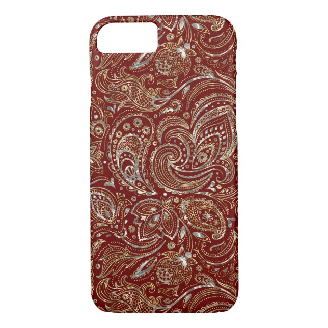 Silver & Gold Floral Paisley Burgundy Background Case-Mate iPhone Case (Back)