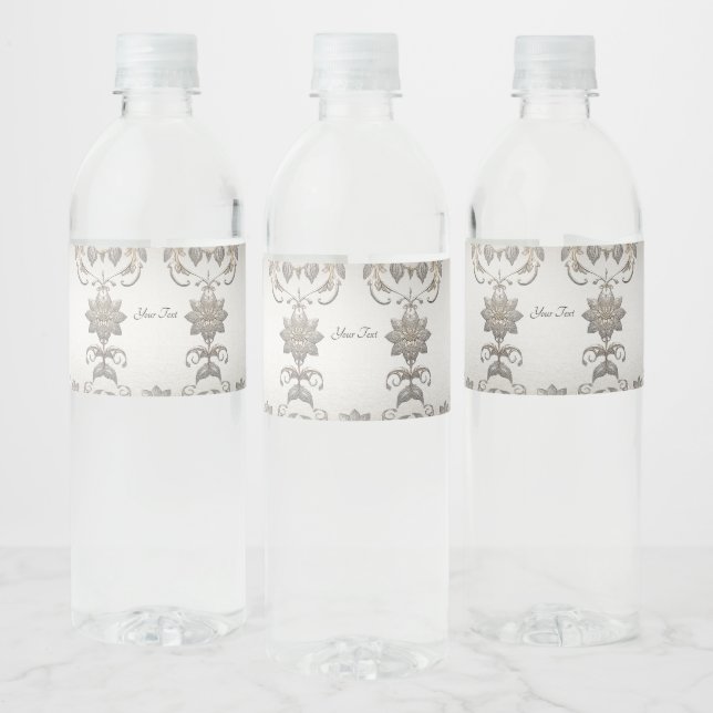 Silver Gold Floral Water Bottle Label (Bottles)