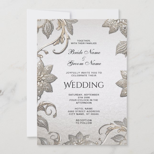 Silver Gold Floral Wedding Invitation (Front)