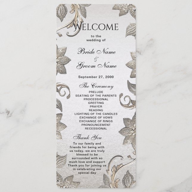 Silver Gold Floral Wedding Program (Front)