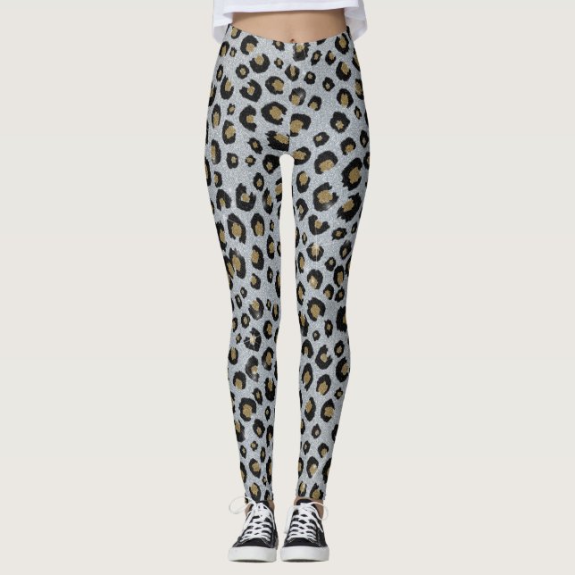Silver Gold Glitter Black Leopard Print Leggings (Front)