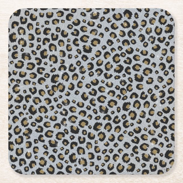 Silver Gold Glitter Black Leopard Print Square Paper Coaster (Front)