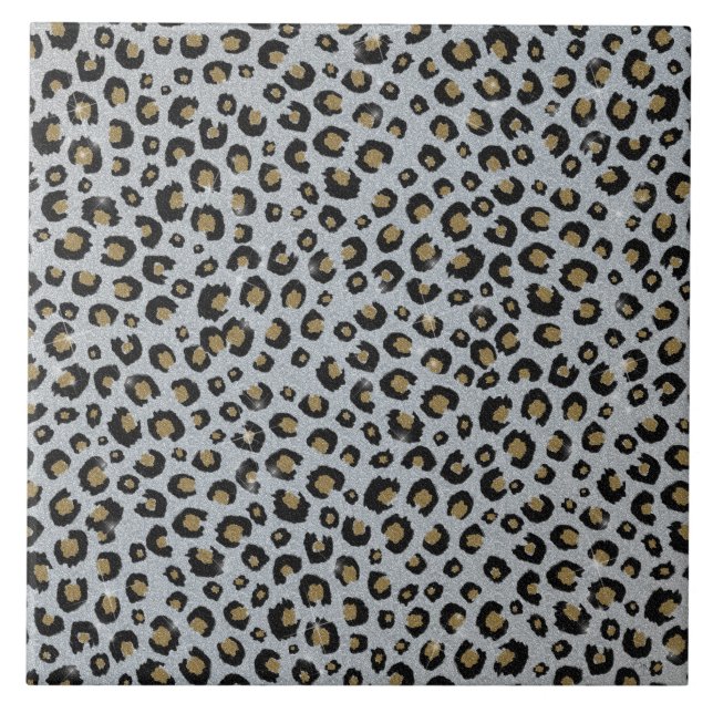 Silver Gold Glitter Black Leopard Print Tile (Front)