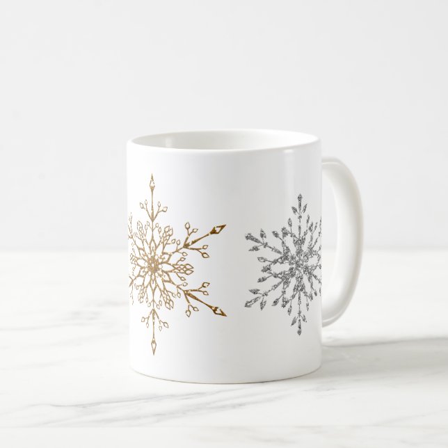 Silver & Gold Glitter Christmas Holiday Snowflakes Coffee Mug (Front Right)