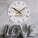 Silver gold glitter dust metal name script round clock<br><div class="desc">A faux silver metallic looking background,  decorated with faux gold glitter dust.  Personalize and add your name written with a trendy hand lettered style script with swashes.
To keep the swashes only delete the sample name,  leave the spaces or emoji's in front and after the name.</div>