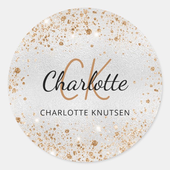 Silver gold glitter dust monogram initials name classic round sticker (Front)