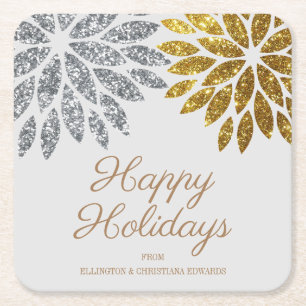 Silver Gold Glitter Floral Happy Holidays Square Paper Coaster