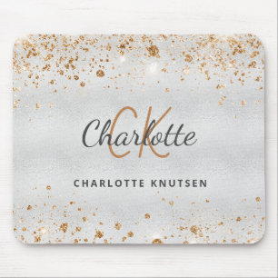 Silver gold glitter monogram name metallic mouse pad