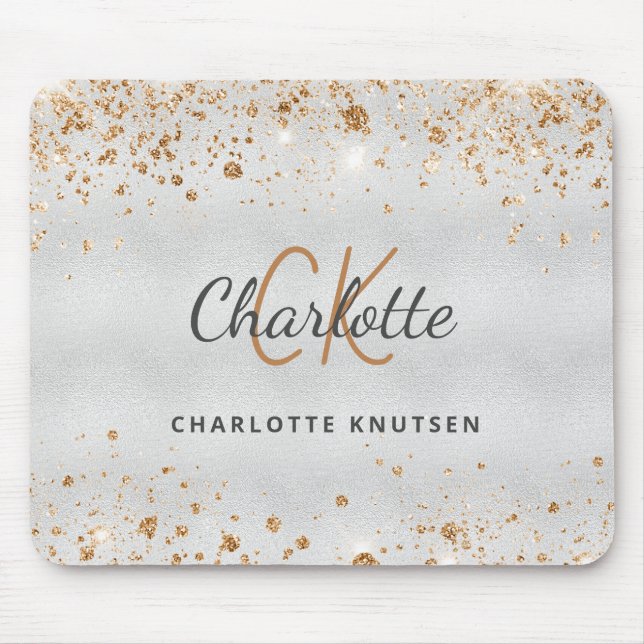 Silver gold glitter monogram name metallic mouse pad (Front)