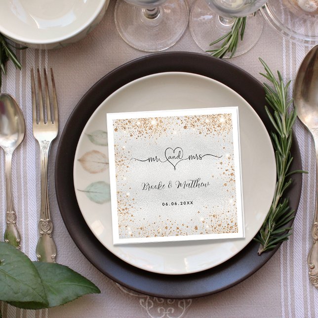 Silver gold glitter mr mrs heart wedding napkin (Creator Uploaded)