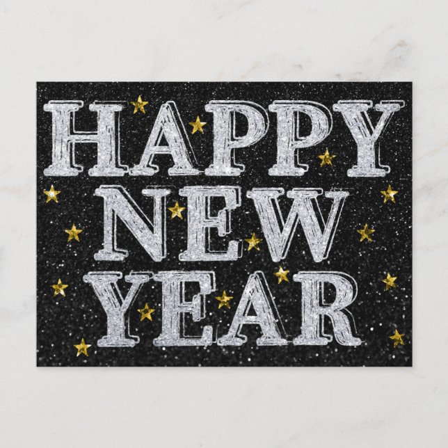Silver & Gold Happy New Year Glitter Postcard (Front)