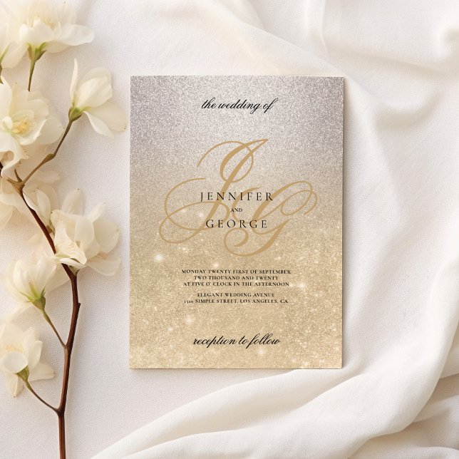 Silver gold monogram initial ombre glitter wedding invitation (Silver gold monogram initals ombre glitter wedding)