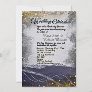 Silver Gold Navy Wedding Invitation Flat Card 