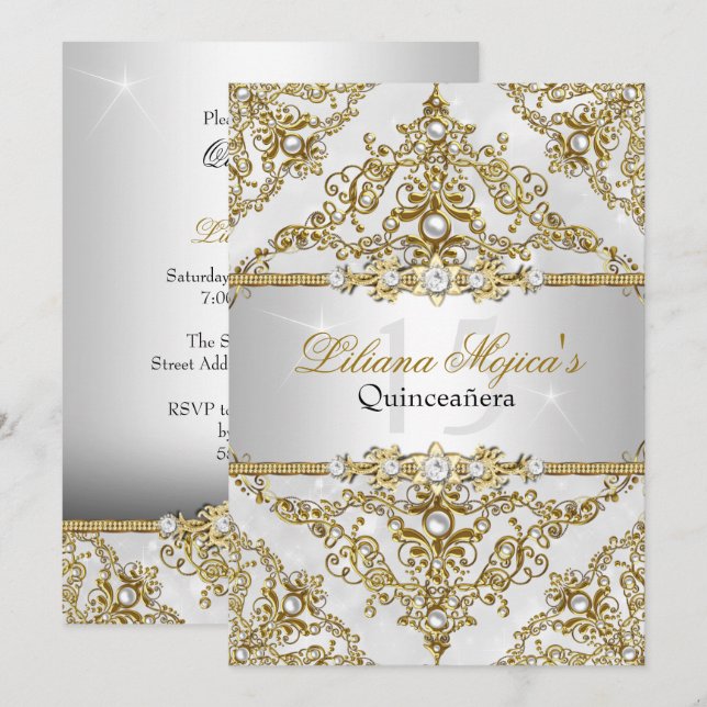 Silver & Gold Pearl Damask Quinceanera Invitation (Devant / Derrière)