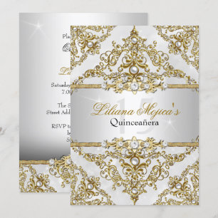 Silver & Gold Pearl Damask Quinceanera Invitation
