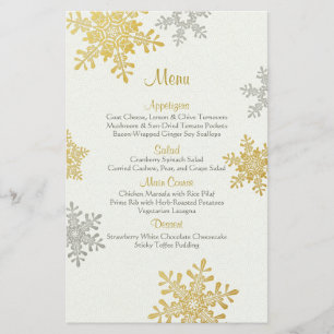 Silver Gold Pearl Snowflakes Menu de mariage hiver