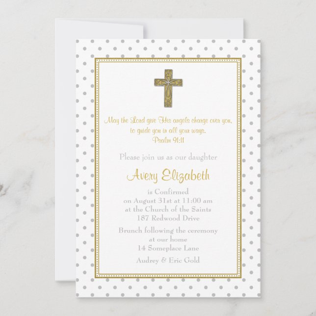 Silver Gold Polka Dot Cross Confirmation Invitation (Front)