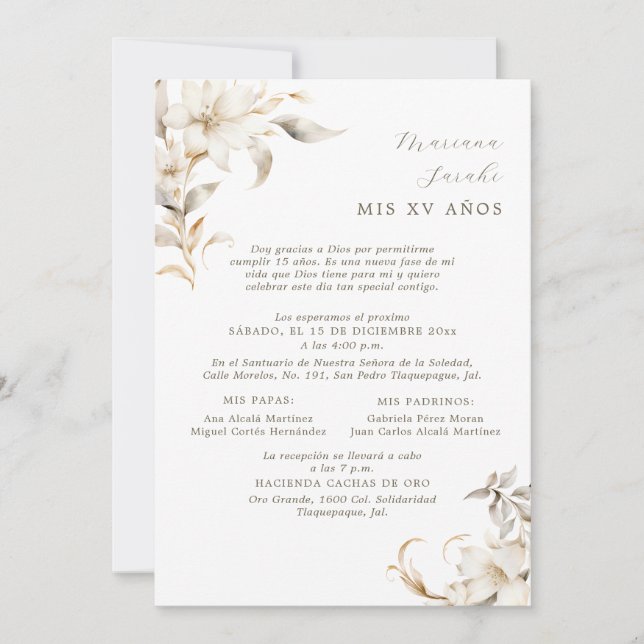 Silver & Gold Quinceañera Invitation in Spanish (Front)
