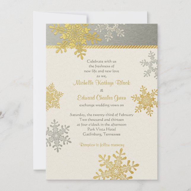 Silver Gold Snowflake Hiver Mariage Invitation (Devant)