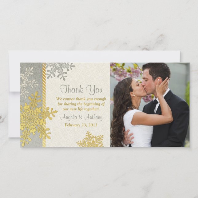 Silver Gold Snowflake Winter Wedding Thank You (Front)