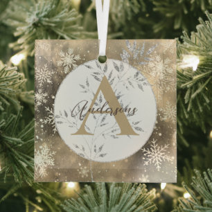 Silver Gold Sparkle Christmas Monogram Family Glass Ornament