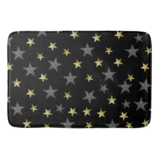 Silver & Gold Stars Black Hollywood Star Glam Bath Mat (Front)